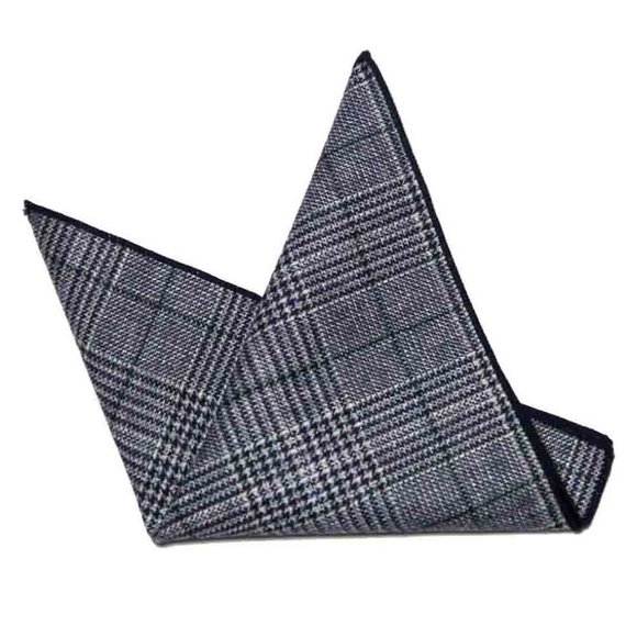 Gascoigne Pocket Square Wool Blend Gray Navy Glen Plaid Blue Men's - Picture 1 of 3